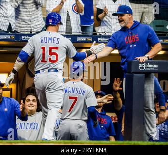 Chicago Cubs catcher Yan Gomes, left, and starting pitcher Wade Miley walk  to the dugout before a baseball game against the Miami Marlins, Monday,  Sept. 19, 2022, in Miami. (AP Photo/Lynne Sladky