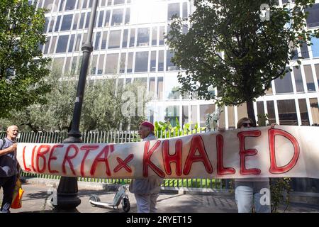 Rome, Italy. 30th Sep, 2023. Protesters hold a banner for Khaled El Qaisi in front of the RAI headquarters in Rome (Photo by Matteo Nardone/Pacific Press) Credit: Pacific Press Media Production Corp./Alamy Live News Stock Photo