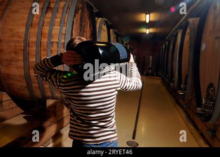Wooden barrels in wine cellar Stock Photo