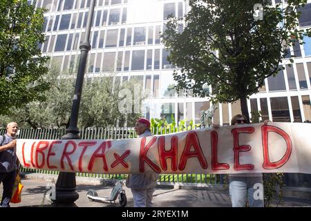 Rome, Italy. 30th Sep, 2023. Protesters hold a banner for Khaled El Qaisi in front of the RAI headquarters in Rome (Photo by Matteo Nardone/Pacific Press/Sipa USA) Credit: Sipa USA/Alamy Live News Stock Photo