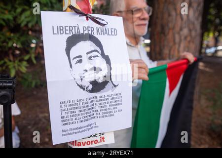 Rome, Italy. 30th Sep, 2023. Demonstration organized by ''Free Khaled'' committee in front of the RAI headquarters to ask for the release of the young Italian-Palestinian student Khaled El Qaisi, who has been in prison in Israel since 31 August. (Credit Image: © Matteo Nardone/Pacific Press via ZUMA Press Wire) EDITORIAL USAGE ONLY! Not for Commercial USAGE! Stock Photo