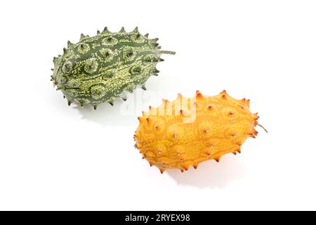 Green and Ripe Kiwano. Spiked or jelly melon isolated on white background. Cucumis metuliferus Stock Photo