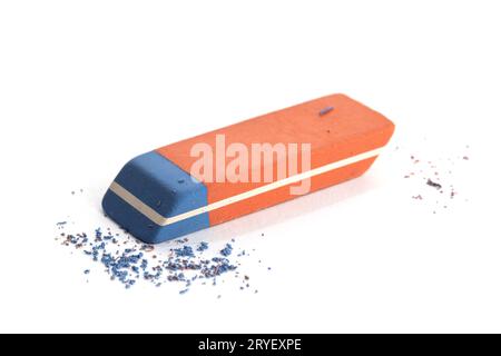 Pen Ink Eraser and shavings Isolated on White Background. Erasing concept. Copy space Stock Photo