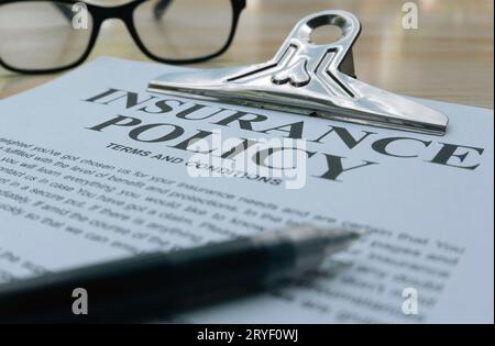 Insurance policy concept. Company insurance policy document. Stock Photo