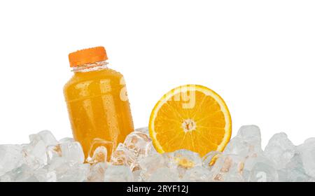 Fresh orange juice and cut slice on ice Stock Photo