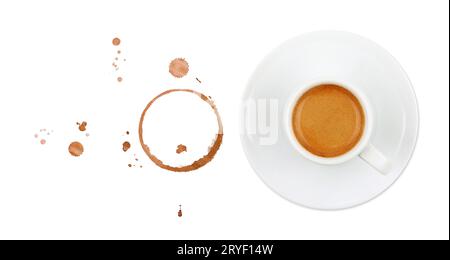 Coffee cup, stains and drops on white background Stock Photo