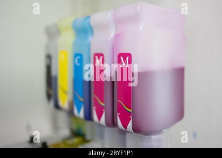 Close-up of Color ink cartridge in the inkjet plotter printer Stock Photo