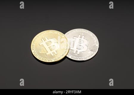 Bitcoin coin on dark background. Cryptocurrency blockchain money Stock Photo