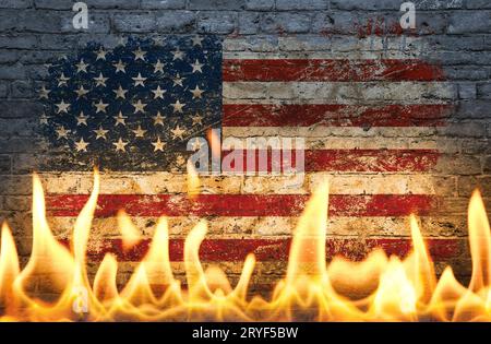 American flag in fire flames Stock Photo