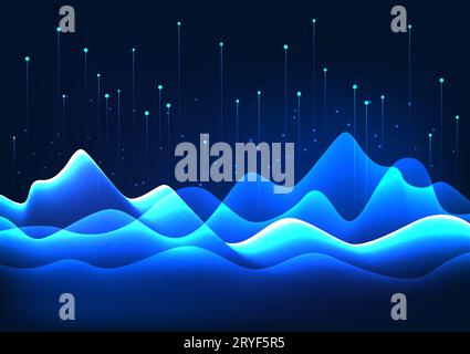 Big data technology background, the lines are overlapping waves with many layers, representing the transmission of large data from many places to coll Stock Vector