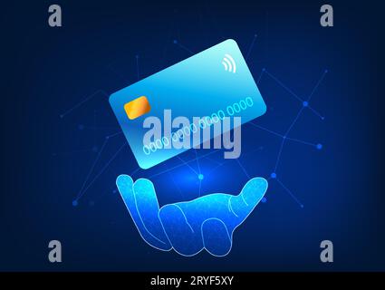 Credit card technology A hand is holding a credit card. Shows spending on purchases using a credit card. It is also used to buy products online. Incre Stock Vector