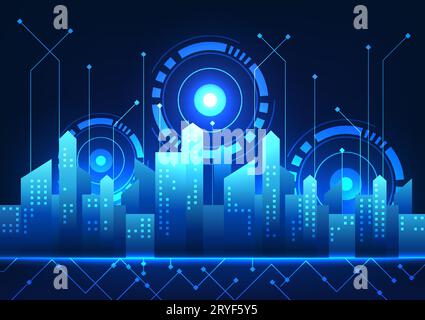 Smart City Technology A city with buildings lined up behind a technology circle with technology circles. It represents a smart city that provides conv Stock Vector