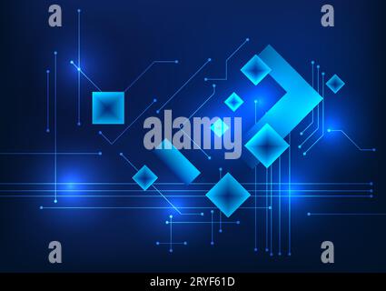 Abstract technology background uses square geometric shapes along with circuit lines connecting technology. Emphasis on modern, hi-tech and interestin Stock Vector