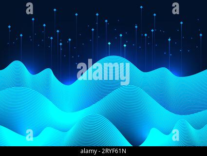 Big data technology background, the lines are overlapping waves with many layers, representing the transmission of large data from many places to coll Stock Vector