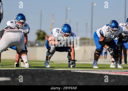 Bethany, OK, USA. 30th Sep, 2023. Southern Arkansas Muleriders OL Colton Grier (77), Southern Arkansas Muleriders OL Zach Thompson (74) ready for the play during the fourth quarter of the NCAA Football game between the Southern Arkansas University Muleriders and the Southern Nazarene University Crimson Storm at SNU Stadium in Bethany, OK. Ron Lane/CSM/Alamy Live News Stock Photo