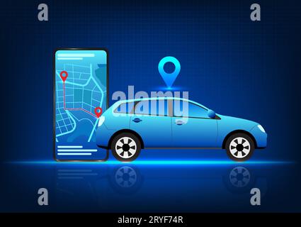 Car technology connected to smartphones helps identify the location and navigate to the destination. A car with a pin on top and a mobile phone with a Stock Vector
