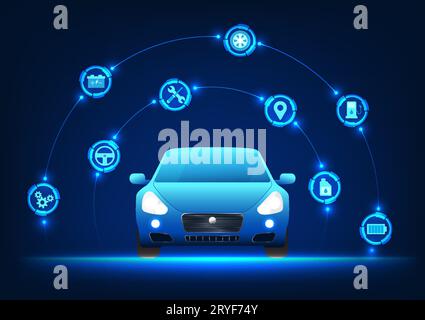 Car technology connected car parts icon It represents a car that is driven by innovations that provide better fuel efficiency and a wider range of app Stock Vector