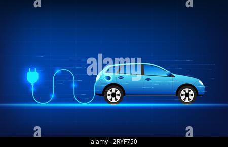 Electric car technology, a vehicle connected to an electrical outlet The technology in which vehicles use electric energy to drive is clean energy and Stock Vector
