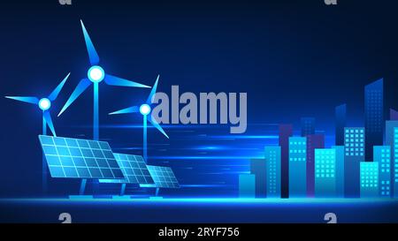 Alternative energy technology, windmill with solar panels that supply electricity to the city Refers to wind turbine and solar cell technology that pr Stock Vector