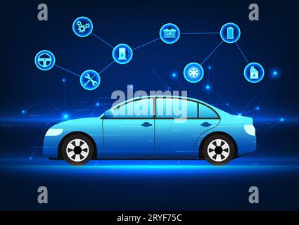 Car technology connected car parts icon It represents a car that is driven by innovations that provide better fuel efficiency and a wider range of app Stock Vector
