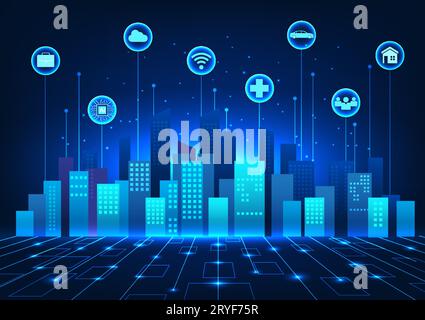 Smart city technology On top of the city there are interconnected icons. It represents a smart city that provides convenience to people. Both communic Stock Vector
