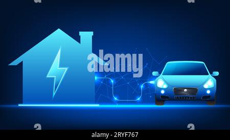 Electric Car technology is charging batteries at home Electric vehicles that use electric energy to move are clean energy that help reduce environment Stock Vector