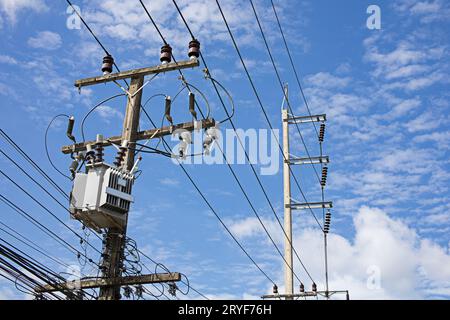 Electric poles and transformers on a clear day Stock Photo