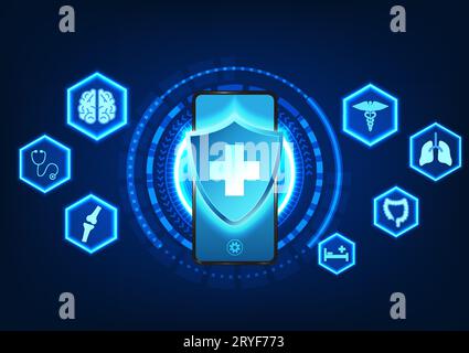 Medical technology The smartphone screen has a Medical Neutrality symbol and medical icons on the side, indicating medical technology that gives patie Stock Vector