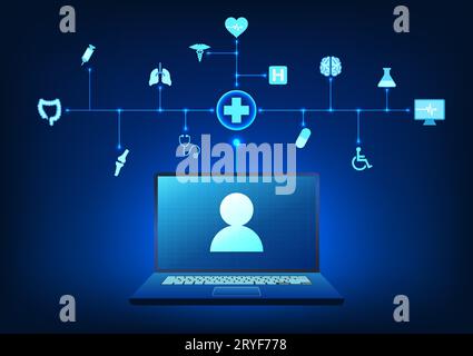 Medical technology Laptop with medical icons It shows that patients can contact to consult about their symptoms through the communication system inste Stock Vector