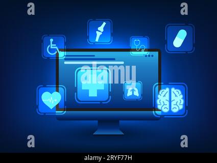 Medical technology Computer with medical icons It shows that patients can contact to consult about their symptoms through the communication system ins Stock Vector