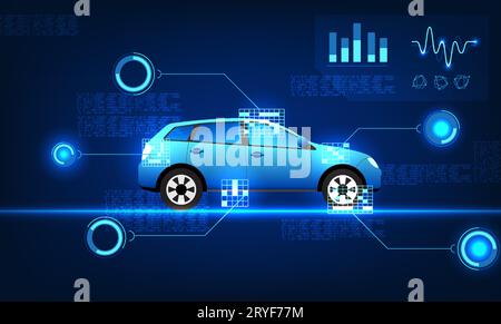 Modern car technology can control the operation and check the condition of the car through the smartphone application. Convenient and fast for users C Stock Vector