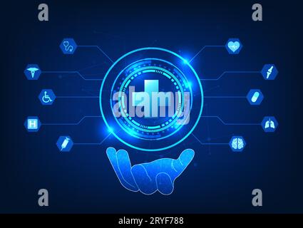 Medical technology Hand holding technology circle connected to medical icons It represents the hands of doctors using technology to help treat patient Stock Vector