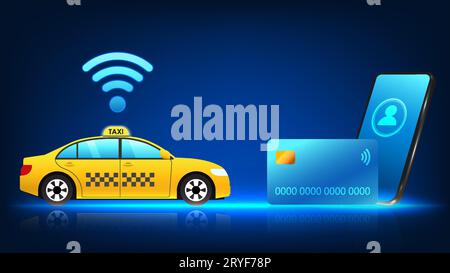 Smartphone technology linked to credit cards can pay taxi drivers via mobile phone. The taxi has a Wi-Fi sign and a mobile phone with a credit card on Stock Vector