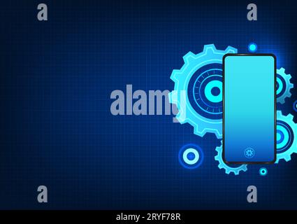 Smartphone technology Mobile phone with many gears on the back It shows that smartphone technology is continuously evolving to meet the needs of users Stock Vector