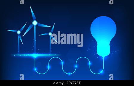 Windmill technology has an electrical plug that connects to a light bulb. Refers to wind turbine technology that uses wind to produce electricity as c Stock Vector