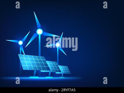 Windmill technology and solar panels It is a clean energy technology that produces electricity for cities. Energy derived from wind and thermal energy Stock Vector