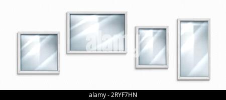 Glass mirror texture with frame and reflection. 3d realistic clear gloss panel effect for window isolated mockup. Crystal surface reflect light interi Stock Vector