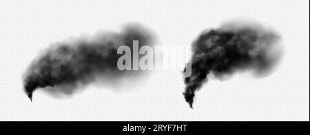 Realistic set of black smoke isolated on transparent background. Vector illustration of dark clouds of smog rising in air from chimney, wildfire, afte Stock Vector