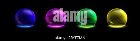 Set of neon color sphere shields isolated on black background. Vector realistic illustration of blue, purple, green, yellow 3D domes, magic energy bar Stock Vector