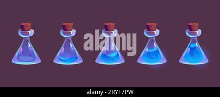 Glass bottles with blue magic elixir isolated on background. Vector cartoon illustration of corked alchemy lab flasks, empty or filled with neon liqui Stock Vector