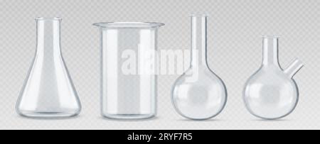 3d chemistry laboratory glass science test flask. Realistic lab beaker equipment. Chemical glassware tube isolated vector set. Empty cylinder measurin Stock Vector