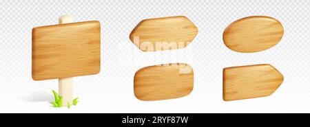 3D wooden signboards set isolated on transparent background. Vector realistic illustration of square and oval nameplates, direction indicators, arrow Stock Vector