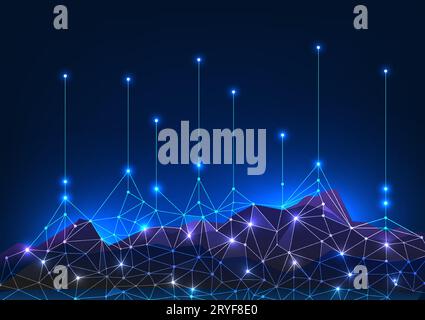 Information technology An image of a mountain with interconnected lines rising up A data collection concept to send large amounts of data to a destina Stock Vector