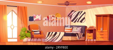 Hotel bedroom interior cartoon background vector. Zebra print blanket on bed furniture and wall decor home illustration. 2d clean apartment with windo Stock Vector