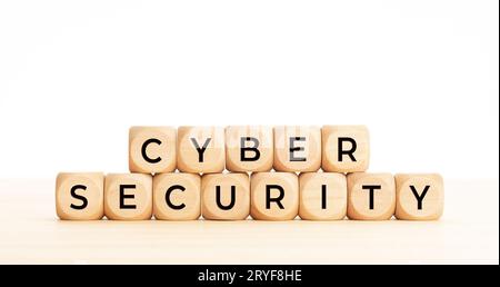 Cyber Security words on wooden block. Copy space. White background Stock Photo
