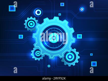 GearTechnology Multiple overlapping gears are connected together with technological circuits. technology media that improves the lives of people and t Stock Vector