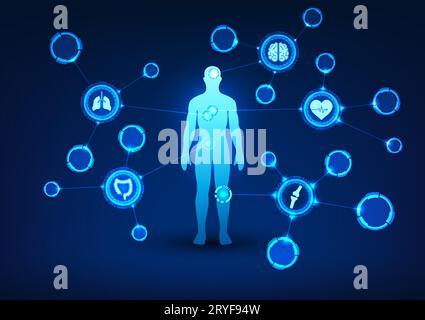Medical technology The human body in the center is connected to a medical icon. Media holds technology combined with medicine. Provide access to the b Stock Vector