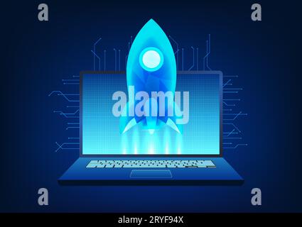 Notebook technology The screen has rockets rising behind it as a connected circuit board. Refers to notebooks that have been developed with speed and Stock Vector
