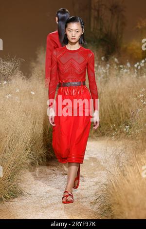 Paris, France. 30th Sep, 2023. A model presents a creation from Hermes Spring/Summer 2024 ready-to-wear collections during the Paris Fashion Week in Paris, France, Sept. 30, 2023. Credit: Piero Biasion/Xinhua/Alamy Live News Stock Photo