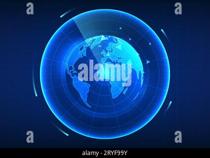 Earth technology. Globe overlaid with radar. Refers to GPS technology that can tell the location of the destination to travel to or the user's locatio Stock Vector